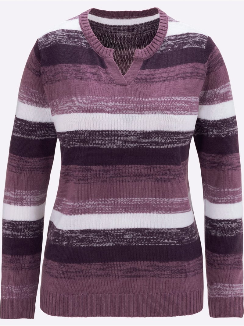 Pull à manches longues avec col en v et motifs rayés - taille standard - moda vilona Rouge grenat - Kiabi