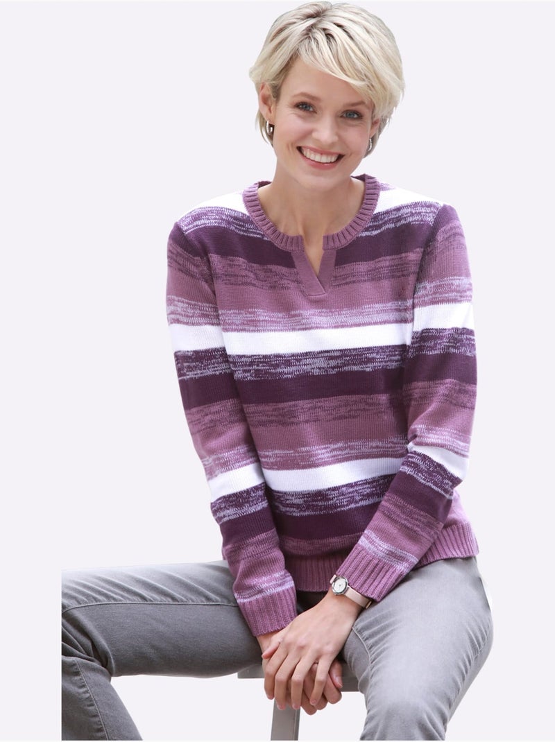 Pull à manches longues avec col en v et motifs rayés - taille standard - moda vilona Rouge grenat - Kiabi