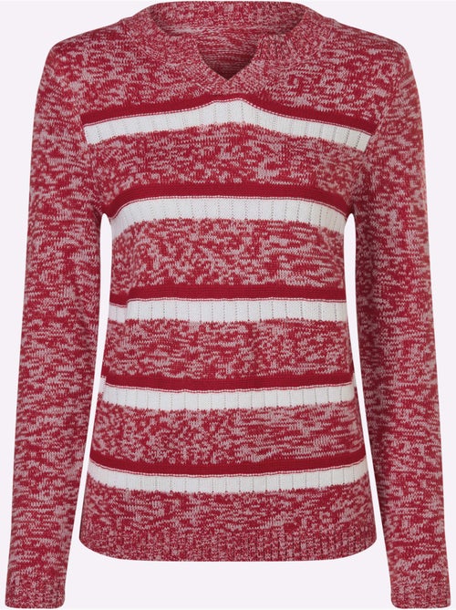 Pull à manches longues avec col en V et rayures côtelées - Taille standard - Moda Vilona - Kiabi