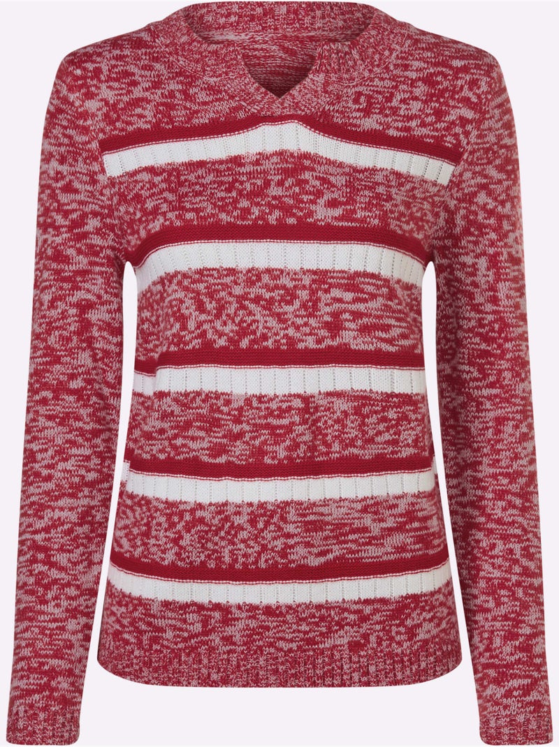 Pull à manches longues avec col en V et rayures côtelées - Taille standard - Moda Vilona Blanc Rouge - Kiabi