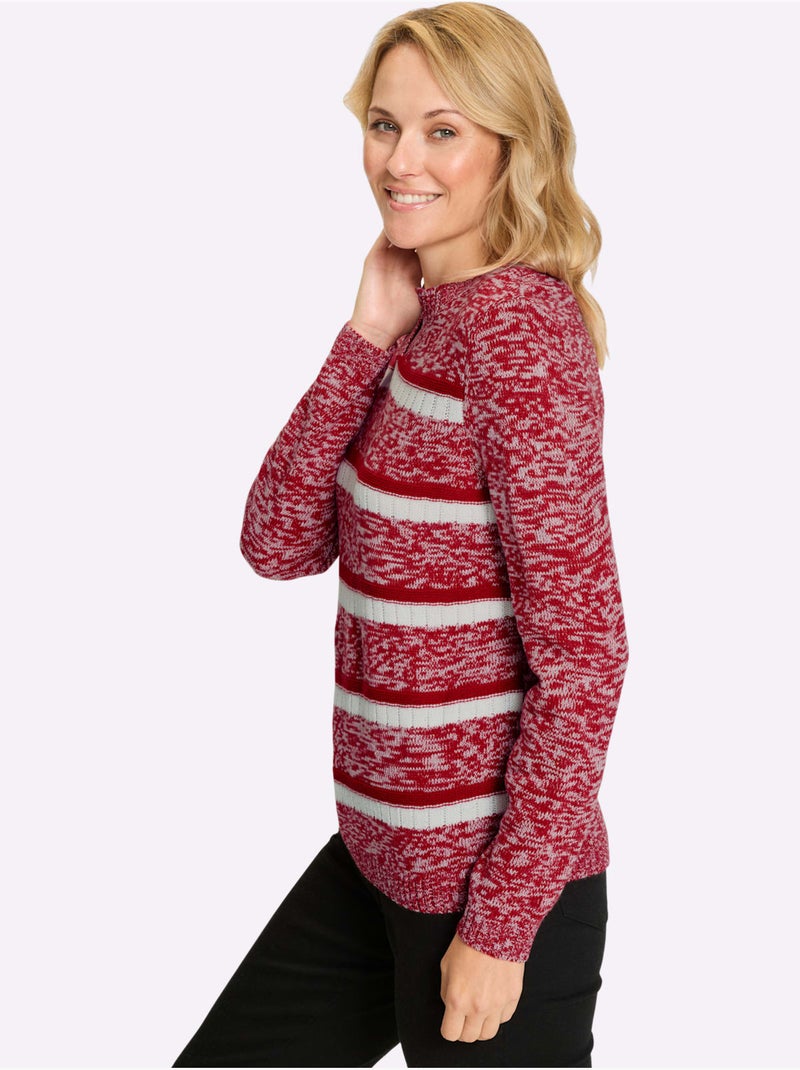 Pull à manches longues avec col en V et rayures côtelées - Taille standard - Moda Vilona Blanc Rouge - Kiabi