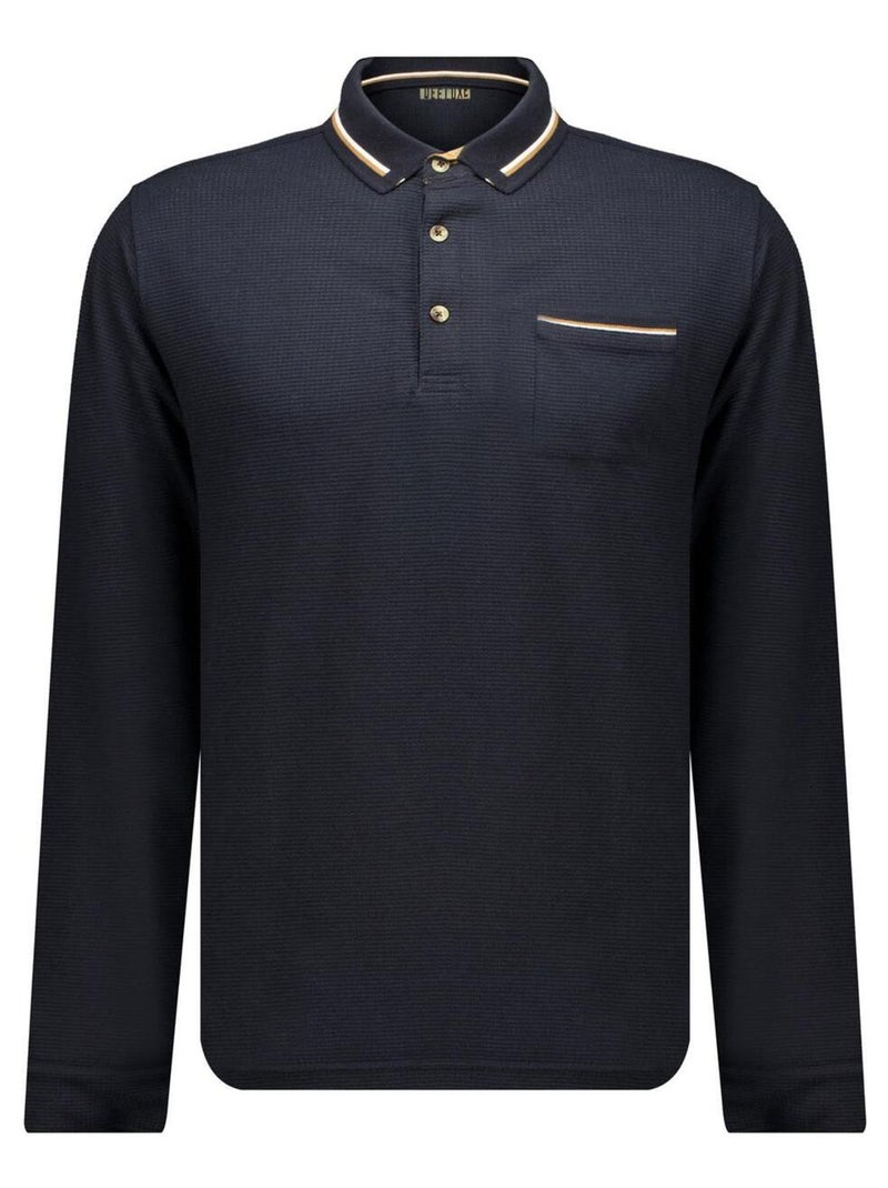 Pull à manches longues avec col polo en tissu gauffré 'Deeluxe' Bleu nuit - Kiabi