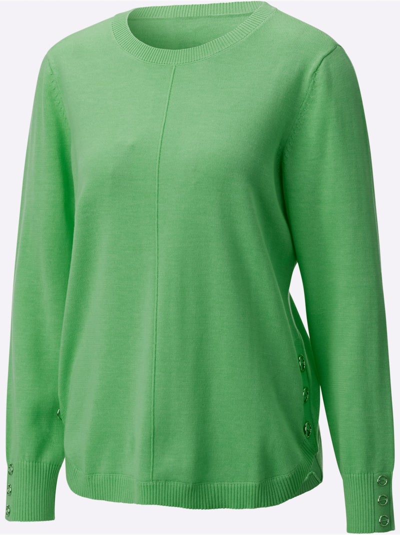 Pull à manches longues avec col rond et boutons décoratifs - Taille standard - Witt Vert clair - Kiabi