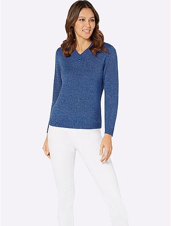 Pull à manches longues avec col en V et bouton décoratif - Taille standard - Moda Vilona