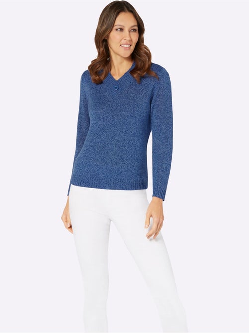 Pull à manches longues avec col V et bouton décoratif en tricot doux - Taille standard - Moda Vilona - Kiabi