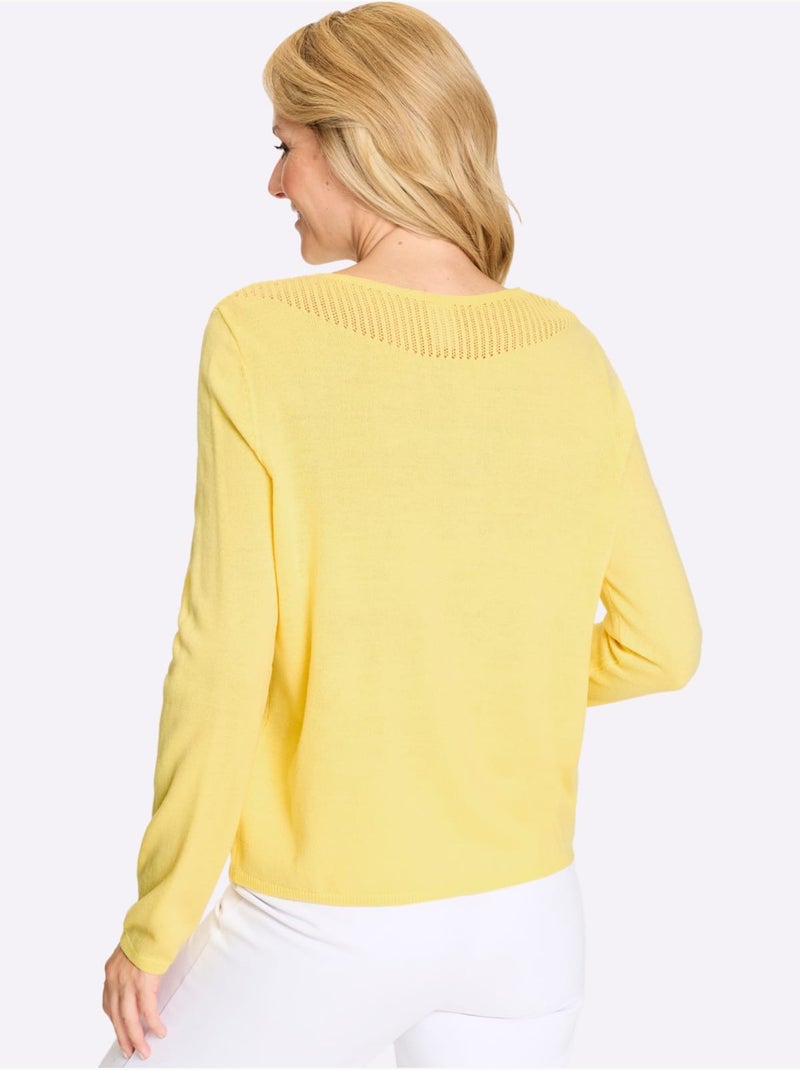Pull à manches longues avec encolure en U et finitions côtelées - Taille standard - Moda Vilona Jaune citron - Kiabi