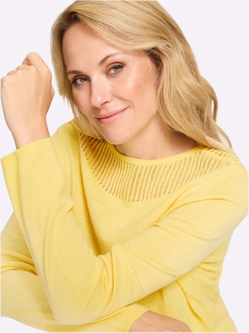 Pull à manches longues avec encolure en U et finitions côtelées - Taille standard - Moda Vilona Jaune citron - Kiabi