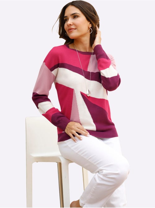 Pull à manches longues avec motif géométrique et finitions côtelées - Taille standard - Moda Vilona - Kiabi
