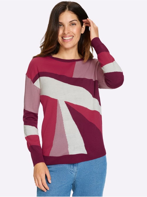 Pull à manches longues avec motif géométrique et finitions côtelées - Taille standard - Moda Vilona - Kiabi