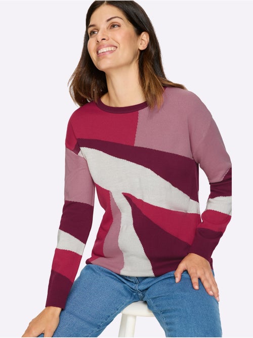 Pull à manches longues avec motif géométrique et finitions côtelées - Taille standard - Moda Vilona - Kiabi