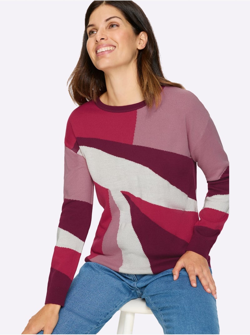Pull à manches longues avec motif géométrique et finitions côtelées - Taille standard - Moda Vilona Rose fushia - Kiabi
