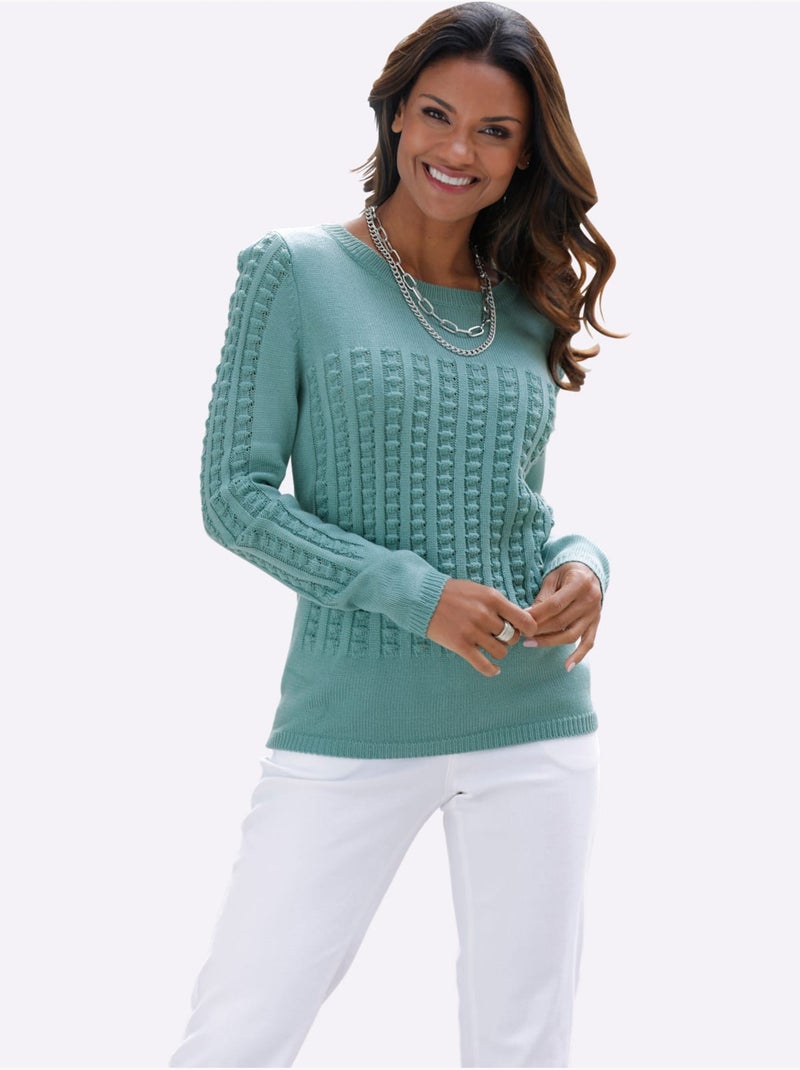 Pull à manches longues avec motif tricoté 3D et encolure ronde - Taille standard - Moda Vilona Vert Sauge - Kiabi