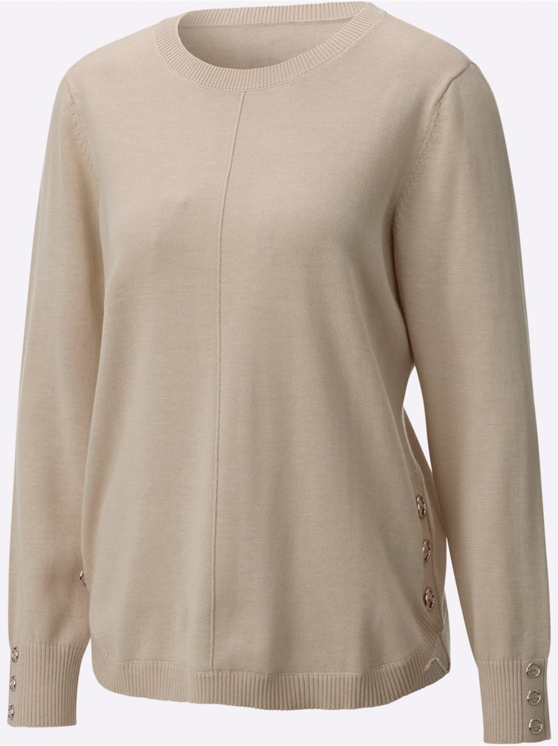 Pull à manches longues avec nervures au devant et boutons décoratifs - taille standard - witt Beige - Kiabi