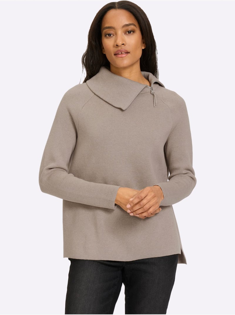 Pull à Manches Longues Col à Revers Avec Glissière - Taille Standard - Helline Ecru - Kiabi