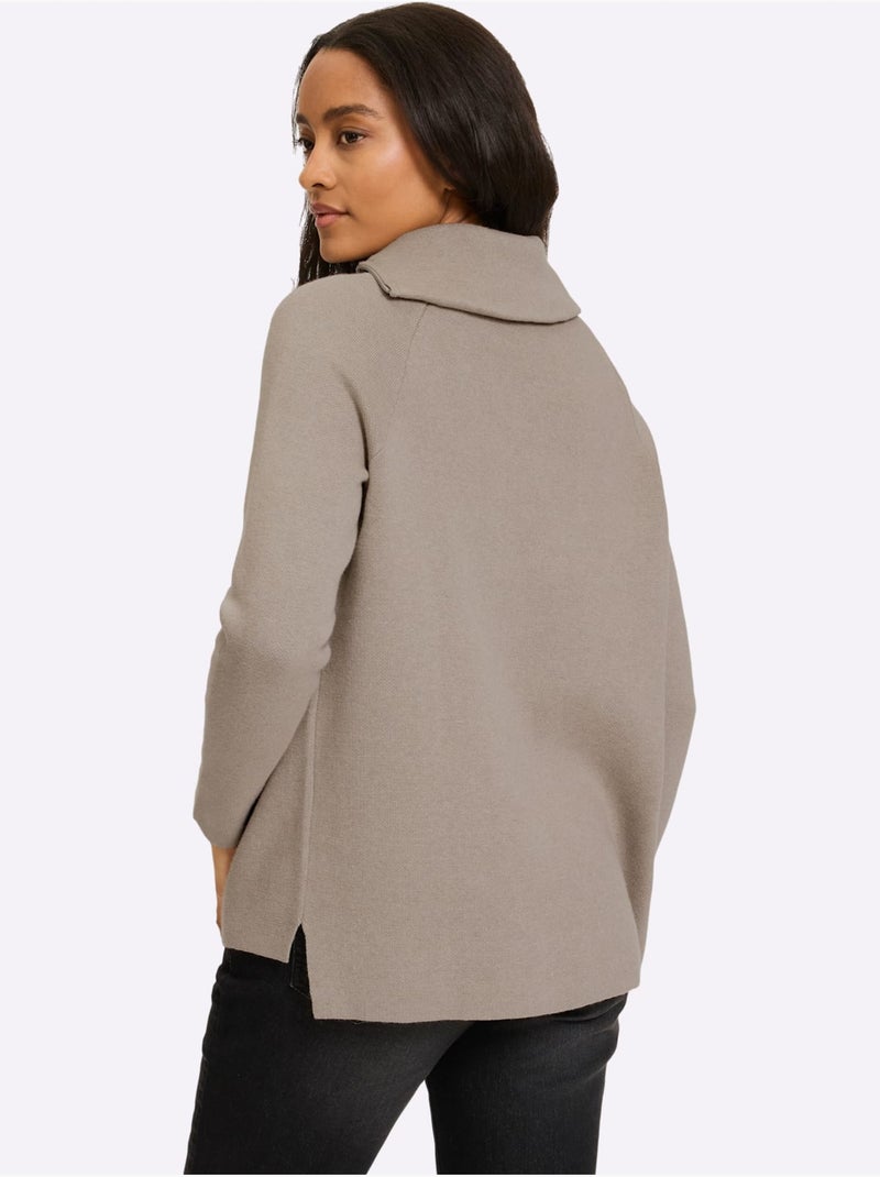 Pull à Manches Longues Col à Revers Avec Glissière - Taille Standard - Helline Ecru - Kiabi