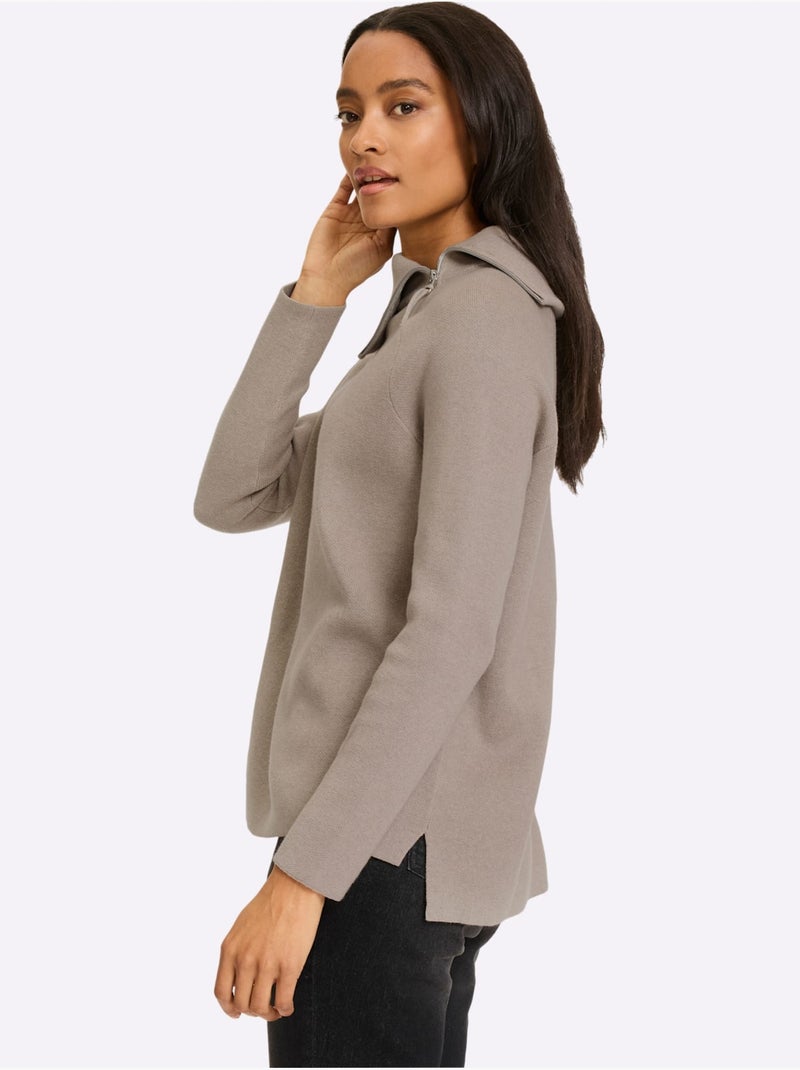 Pull à Manches Longues Col à Revers Avec Glissière - Taille Standard - Helline Ecru - Kiabi