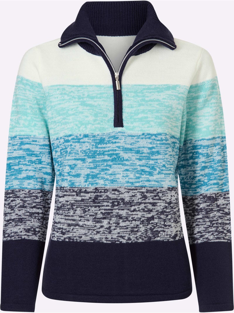 Pull à manches longues col à revers avec glissière - taille standard - moda vilona Bleu Bleu marine - Kiabi