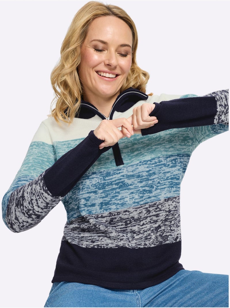 Pull à manches longues col à revers avec glissière - taille standard - moda vilona Bleu Bleu marine - Kiabi
