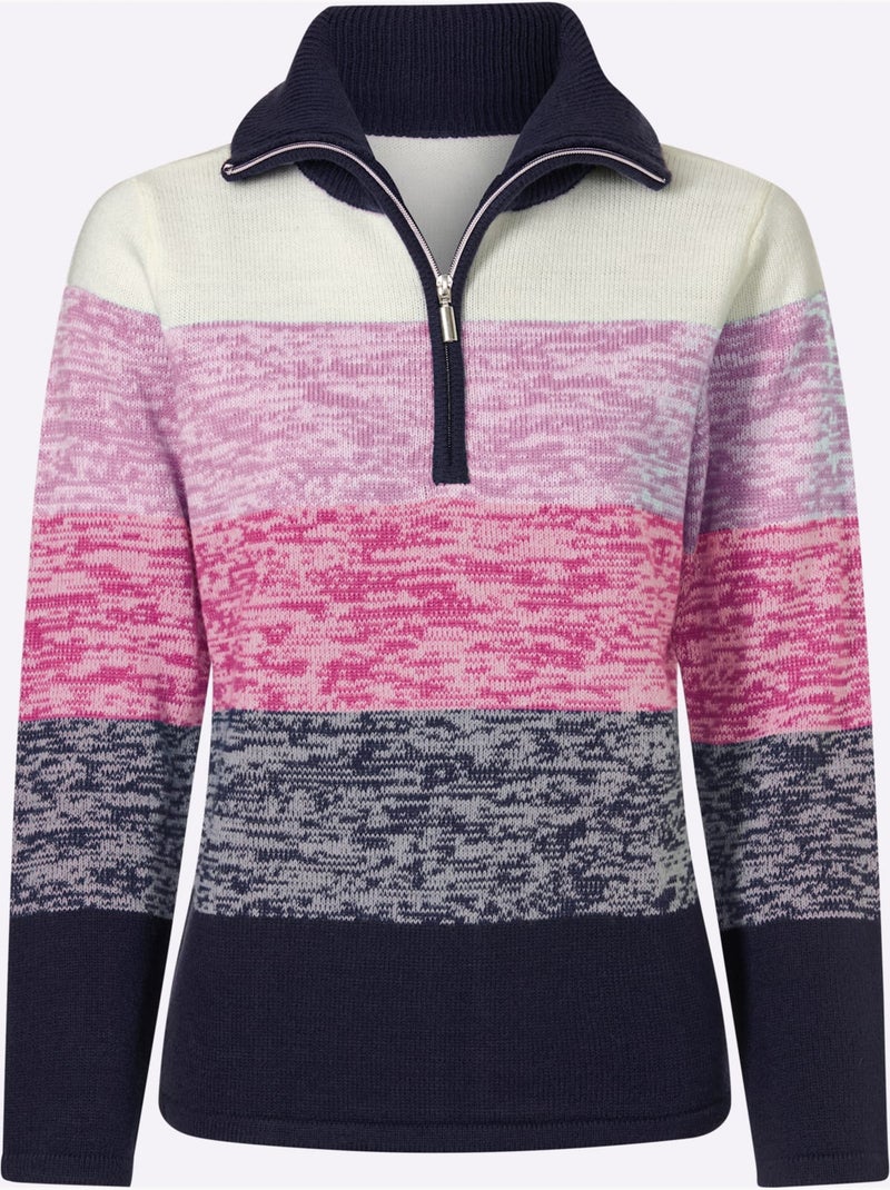 Pull à Manches Longues Col à Revers Avec Glissière - Taille Standard - Moda Vilona Bleu Magenta - Kiabi