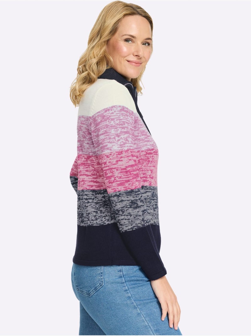 Pull à Manches Longues Col à Revers Avec Glissière - Taille Standard - Moda Vilona Bleu Magenta - Kiabi