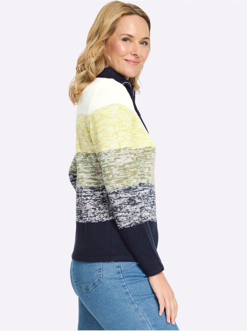 Pull à Manches Longues Col à Revers Avec Glissière - Taille Standard - Moda Vilona Bleu Vert - Kiabi