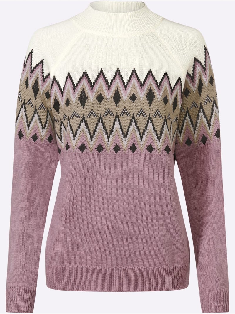 Pull à Manches Longues Col Montant Chaud - Taille Standard - Moda Vilona Blanc Mauve - Kiabi