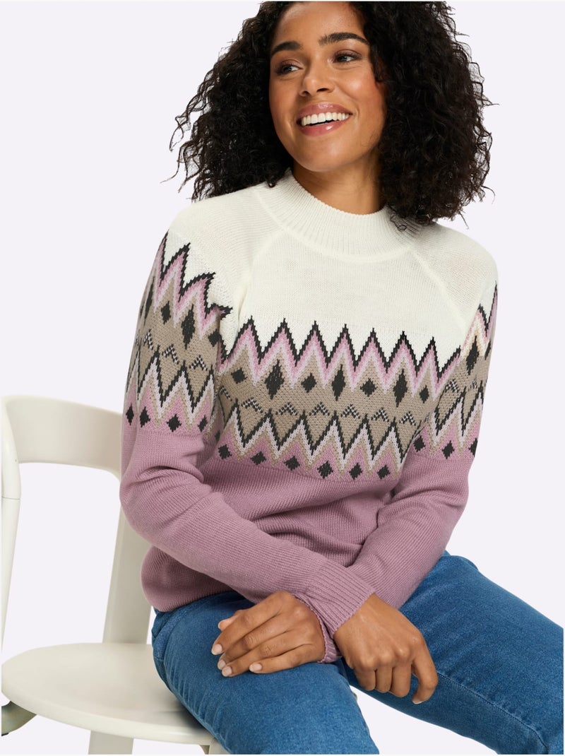 Pull à Manches Longues Col Montant Chaud - Taille Standard - Moda Vilona Blanc Mauve - Kiabi