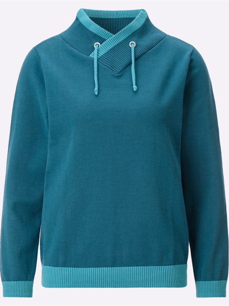 Pull à manches longues col montant chevauchant - taille standard - moda vilona Bleu pétrole - Kiabi