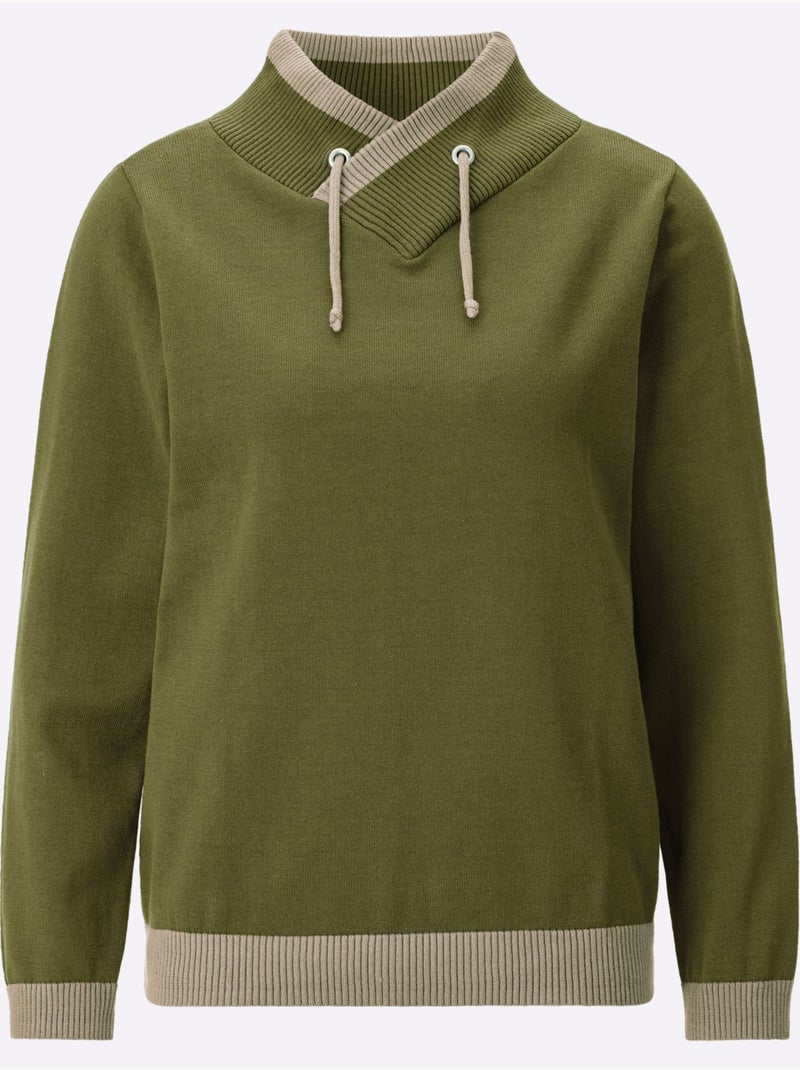 Pull à manches longues col montant chevauchant - taille standard - moda vilona Vert olive - Kiabi