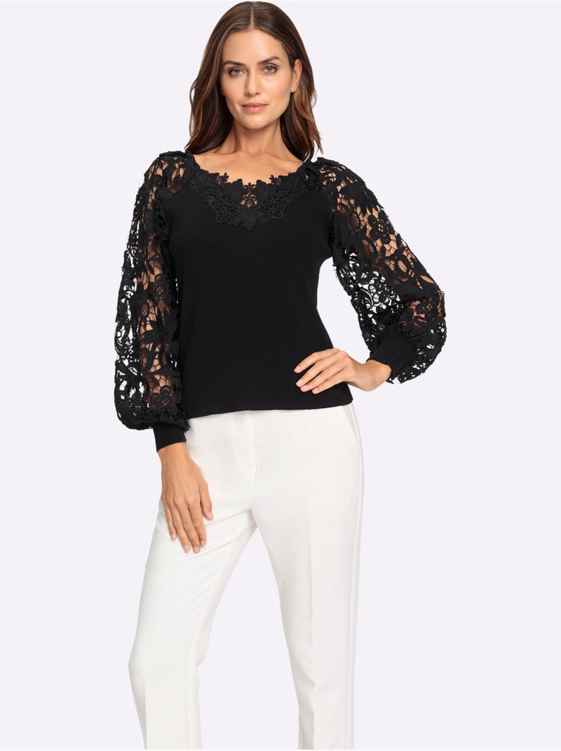 Pull à Manches Longues Détails En Dentelle Tendance - Taille Standard - Helline Noir - Kiabi