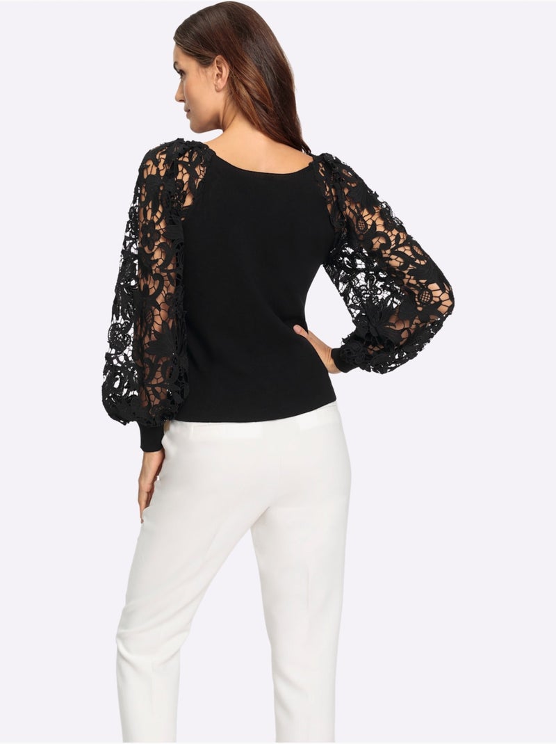 Pull à Manches Longues Détails En Dentelle Tendance - Taille Standard - Helline Noir - Kiabi
