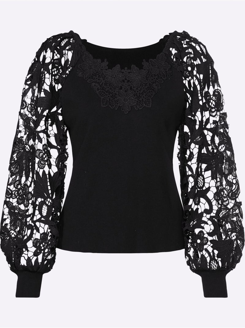 Pull à Manches Longues Détails En Dentelle Tendance - Taille Standard - Helline Noir - Kiabi