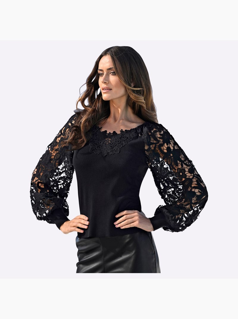 Pull à Manches Longues Détails En Dentelle Tendance - Taille Standard - Helline Noir - Kiabi