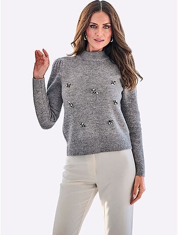 Pull à manches longues élégante application de pierres brillantes fantaisie - helline