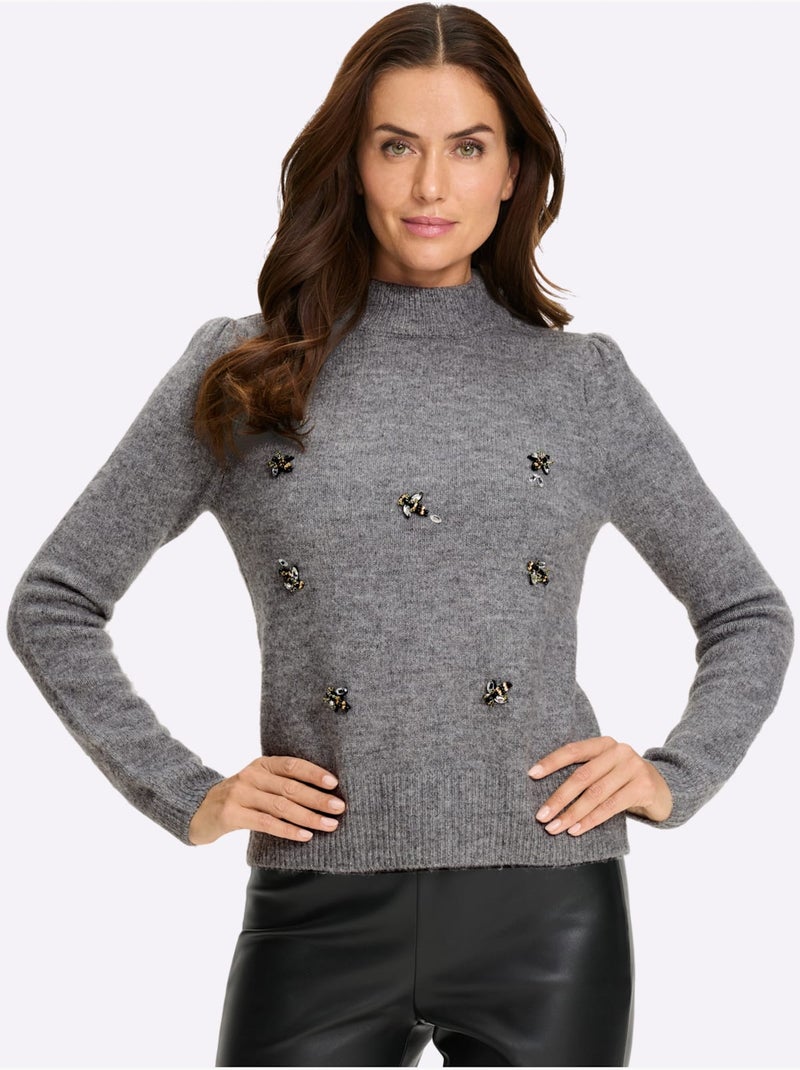 Pull à manches longues élégante application de pierres brillantes fantaisie - helline Gris chiné - Kiabi
