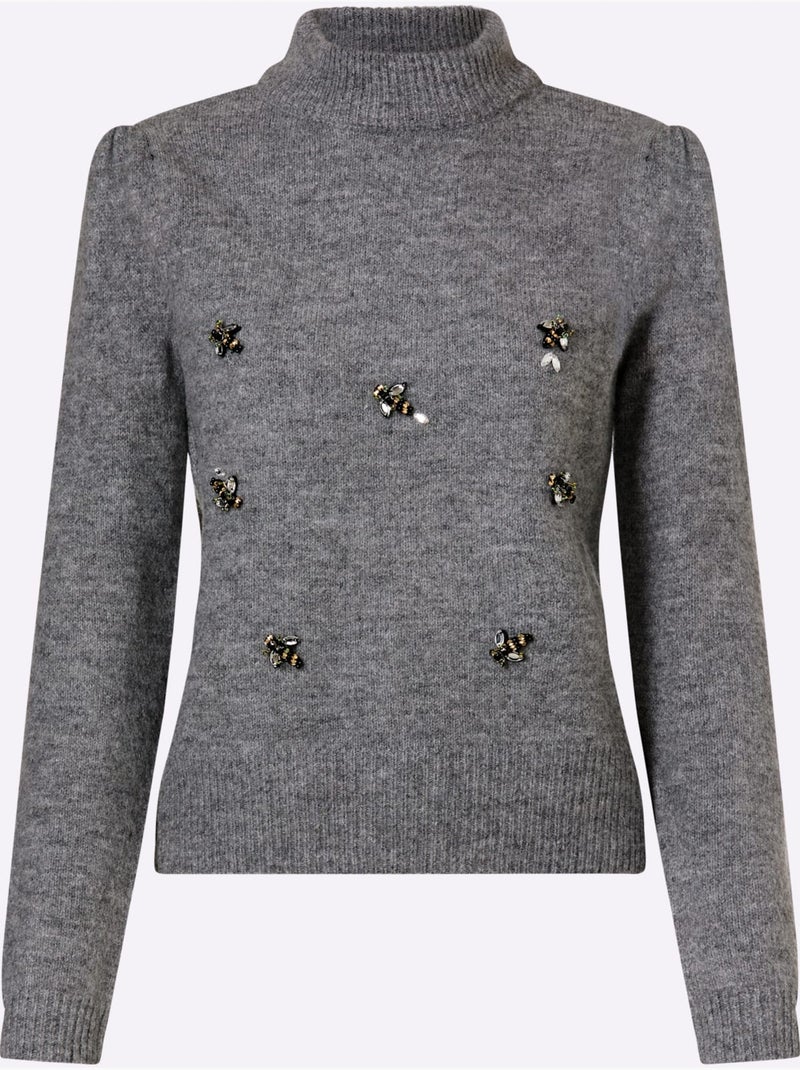 Pull à manches longues élégante application de pierres brillantes fantaisie - helline Gris chiné - Kiabi