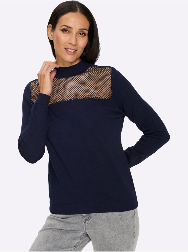 Pull à manches longues empiècement transparent devant - taille standard - helline Bleu marine - Kiabi