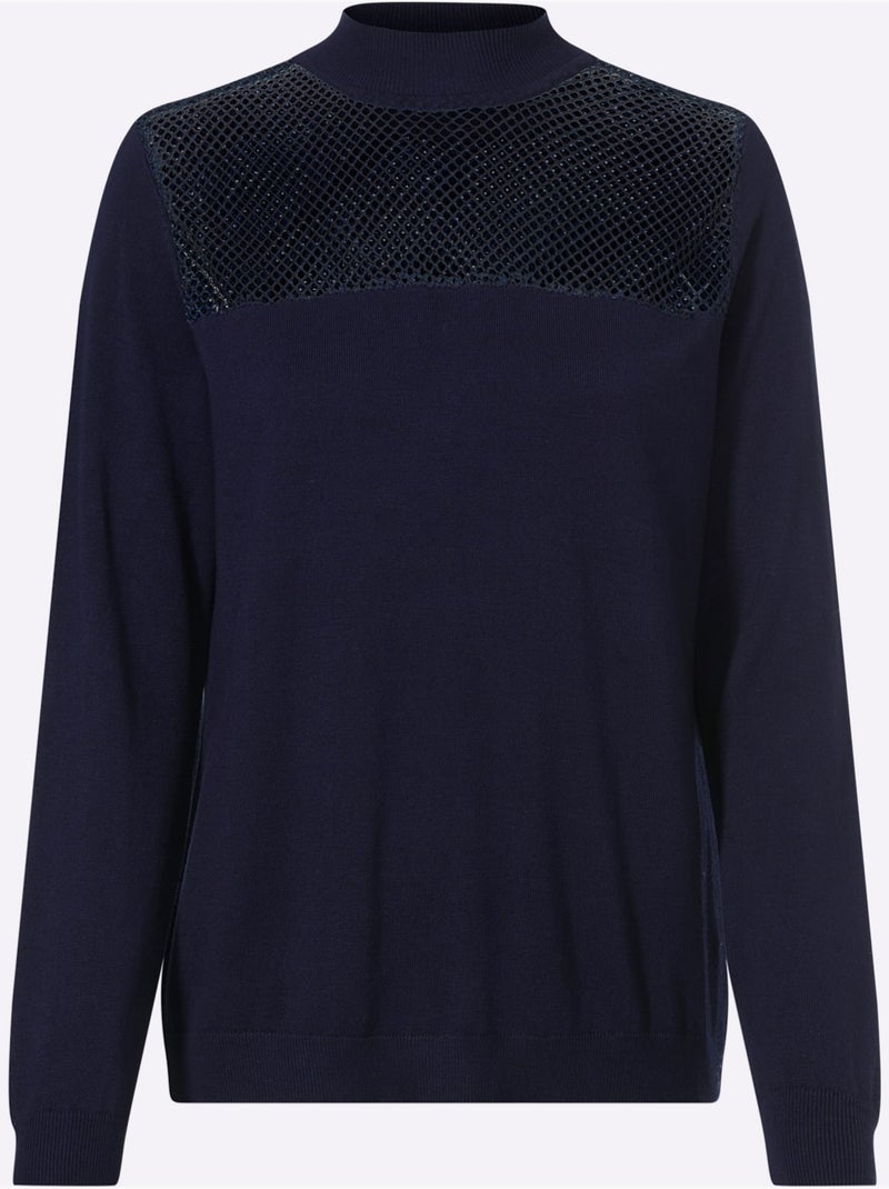 Pull à manches longues empiècement transparent devant - taille standard - helline Bleu marine - Kiabi