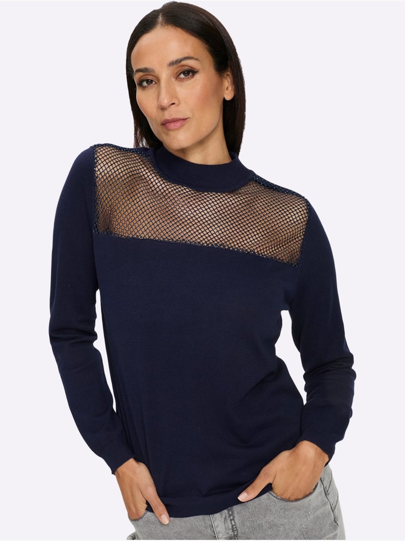 Pull à manches longues empiècement transparent devant - taille standard - helline Bleu marine - Kiabi