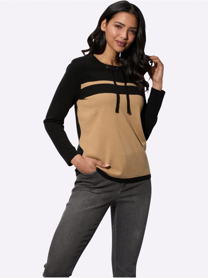 Pull à Manches Longues Encolure Ronde Avec Coulisse - Taille Standard - Moda Vilona Noir Jaune - Kiabi
