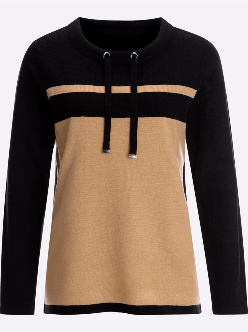 Pull à Manches Longues Encolure Ronde Avec Coulisse - Taille Standard - Moda Vilona Noir Jaune - Kiabi