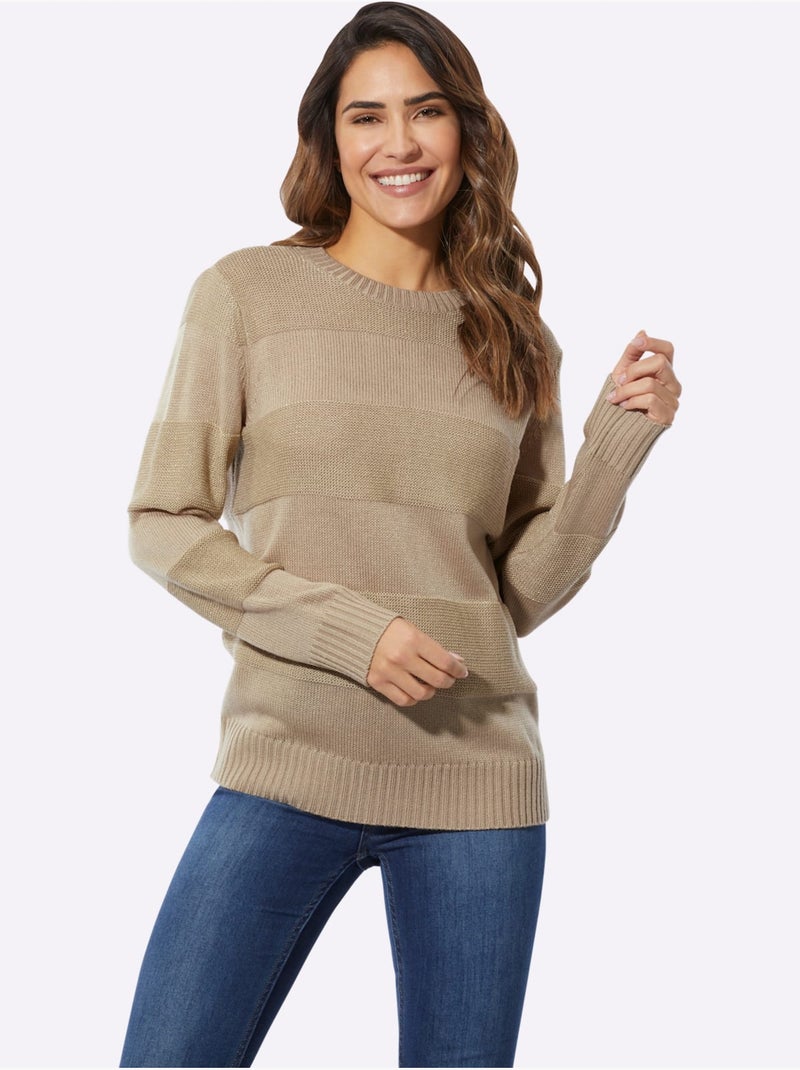 Pull à manches longues encolure ronde avec rayures brillantes - Taille standard - Moda Vilona Beige - Kiabi