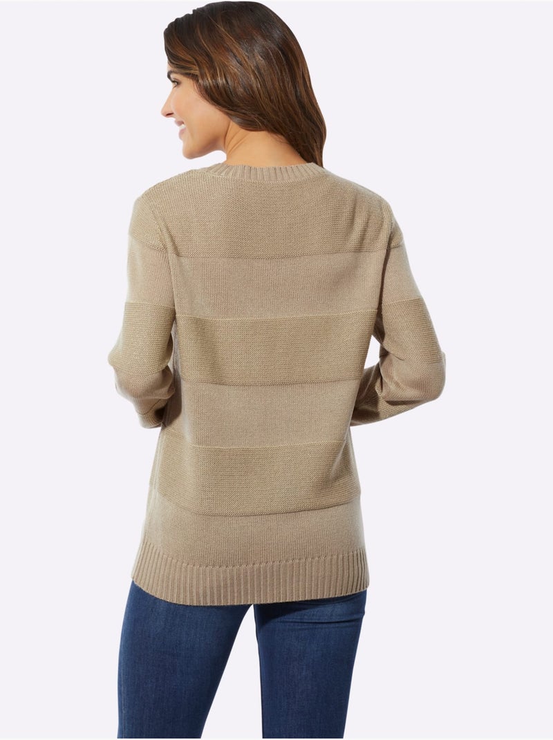 Pull à manches longues encolure ronde avec rayures brillantes - Taille standard - Moda Vilona Beige - Kiabi