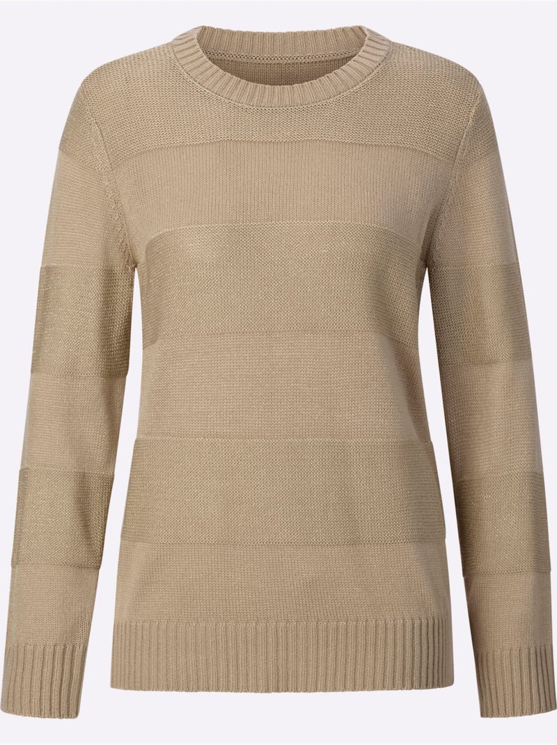 Pull à manches longues encolure ronde avec rayures brillantes - Taille standard - Moda Vilona Beige - Kiabi