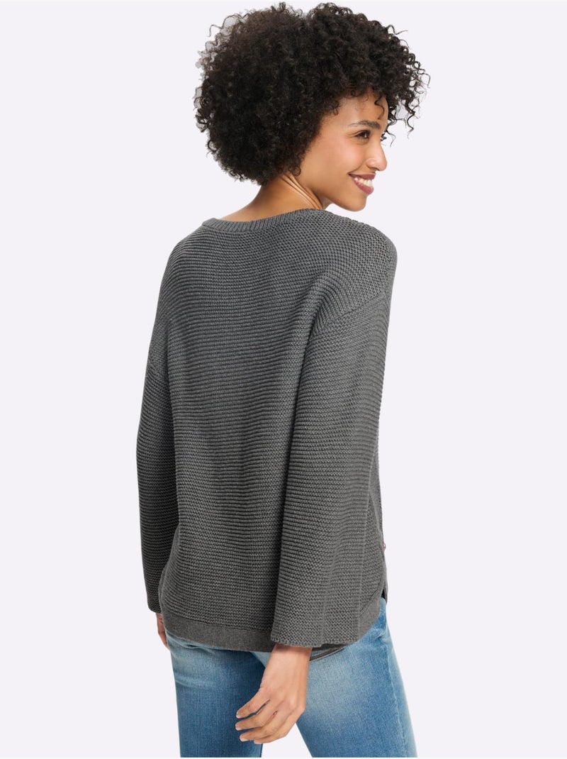 Pull à manches longues fentes latérales et boutons fantaisie - taille standard - helline Gris chiné - Kiabi