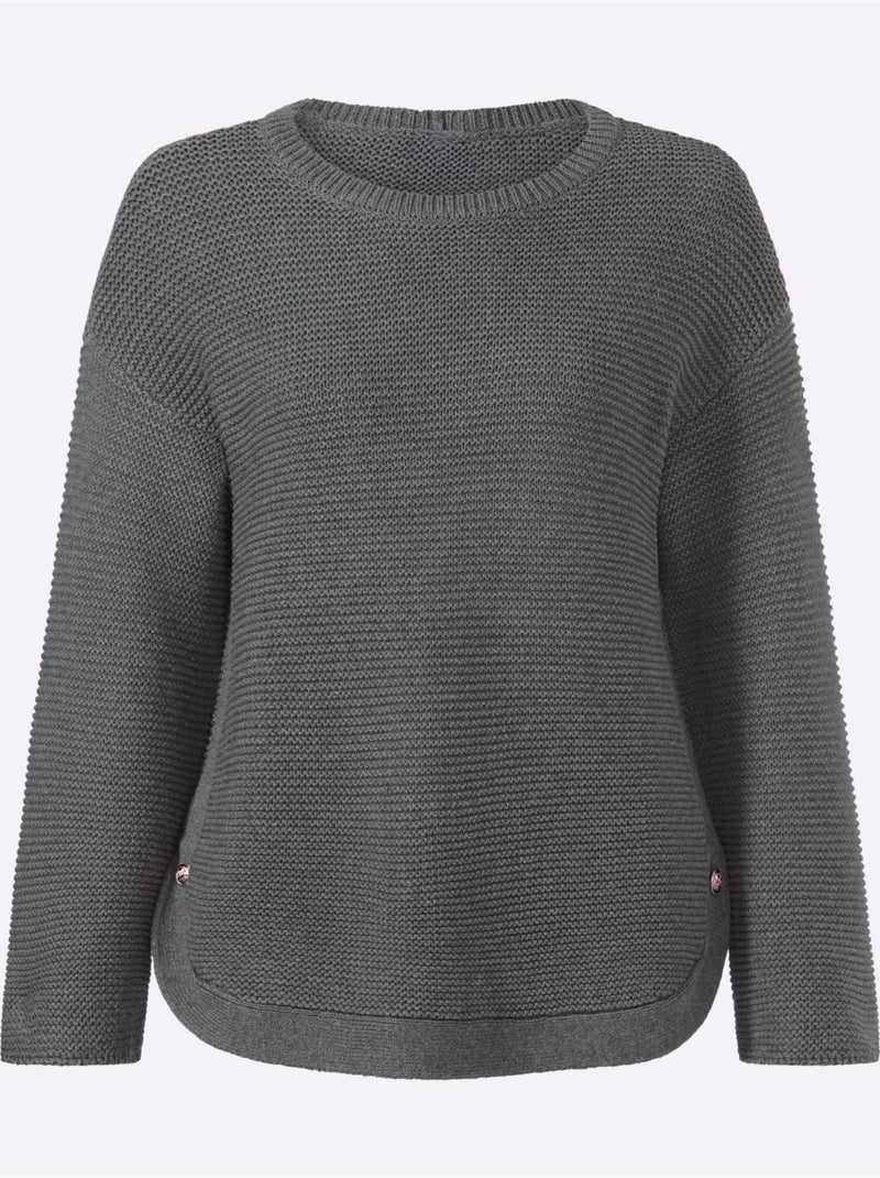 Pull à manches longues fentes latérales et boutons fantaisie - taille standard - helline Gris chiné - Kiabi