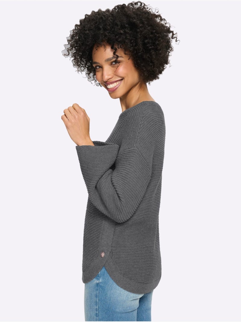 Pull à manches longues fentes latérales et boutons fantaisie - taille standard - helline Gris chiné - Kiabi