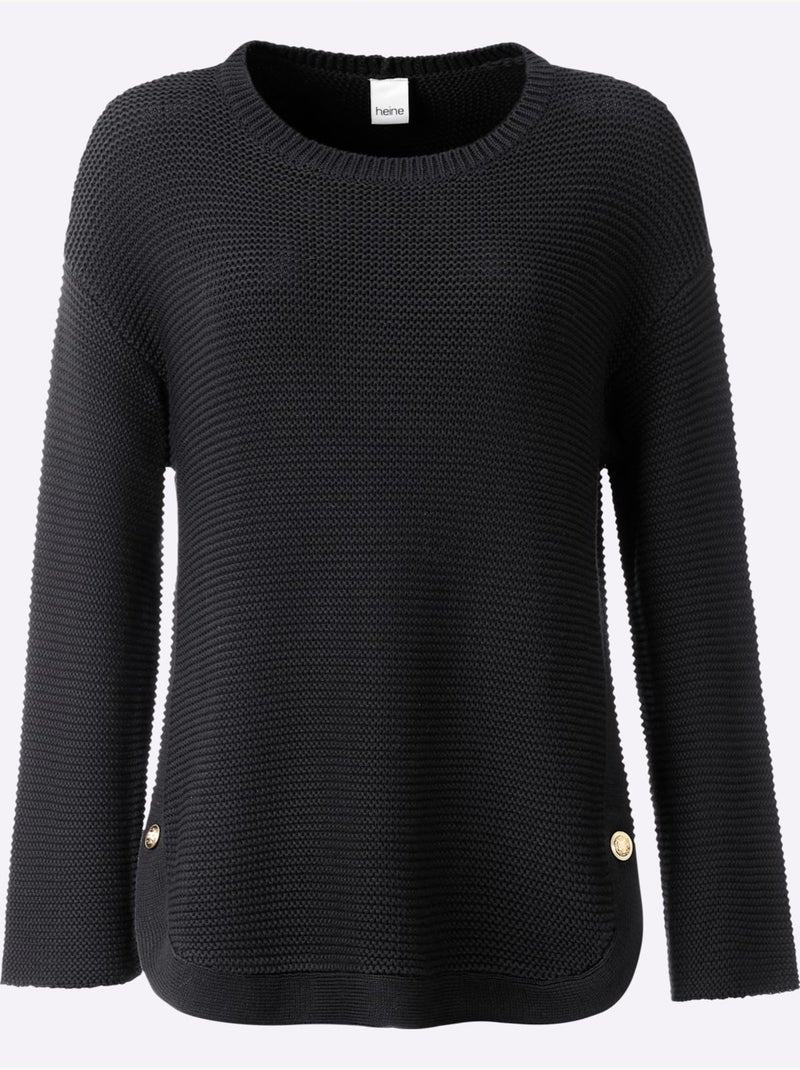 Pull à manches longues fentes latérales et boutons fantaisie - taille standard - helline Noir - Kiabi
