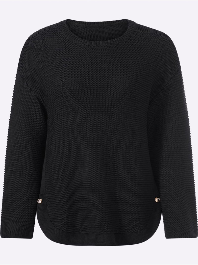 Pull à manches longues fentes latérales et boutons fantaisie - taille standard - helline Noir - Kiabi
