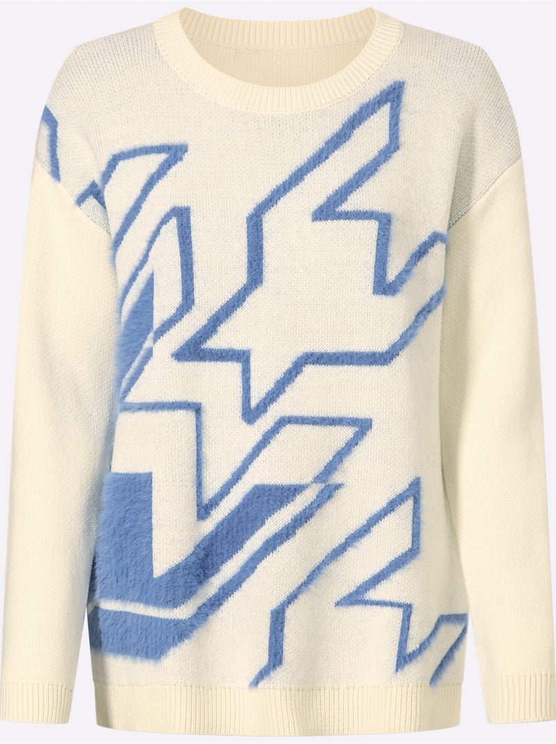 Pull à manches longues fil moelleux à poils longs - taille standard - helline Bleu Ecru - Kiabi